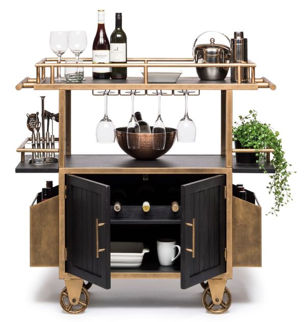 French Brass and Black Drinks Trolley Bar Cart with Bottle Rack Storage