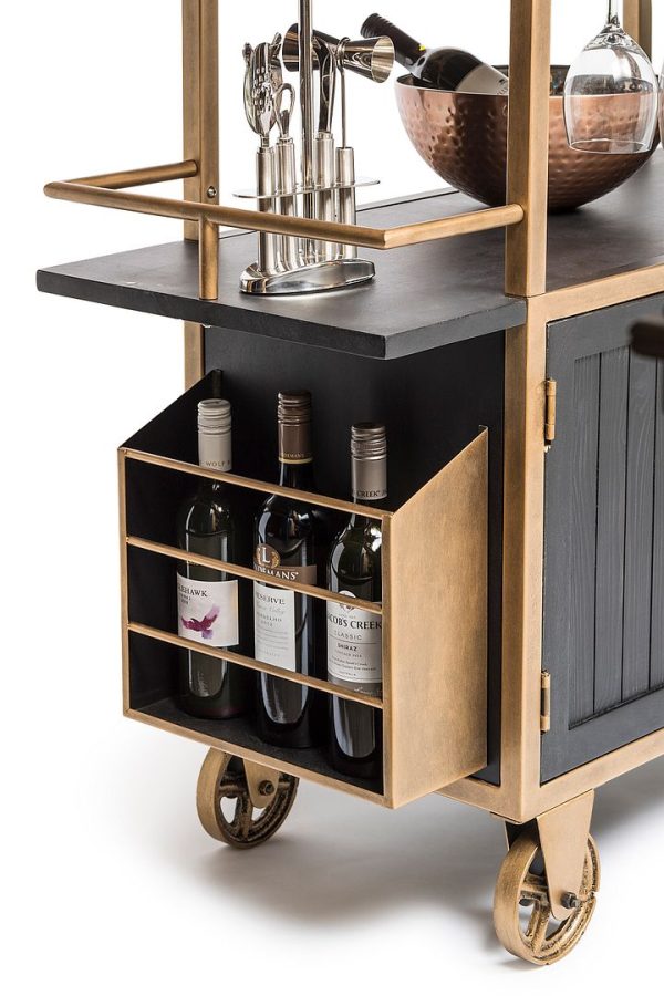 French Brass and Black Drinks Trolley Bar Cart with Bottle Rack Storage