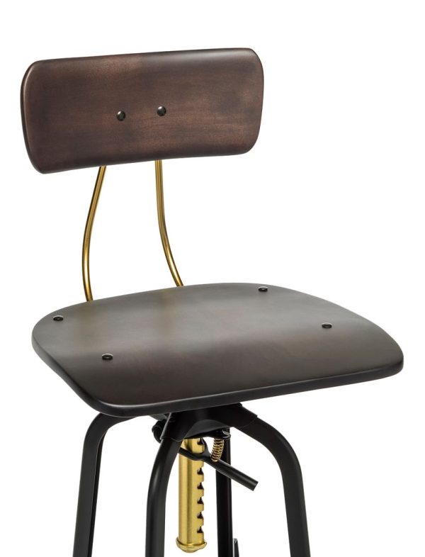 Industrial Wooden Height Adjustable Swivel Bar Stool Chair with Back – Gold Black