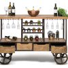 Industrial Style Wooden Bar Cart Drinks Trolley Station with Wine Bottle Rack