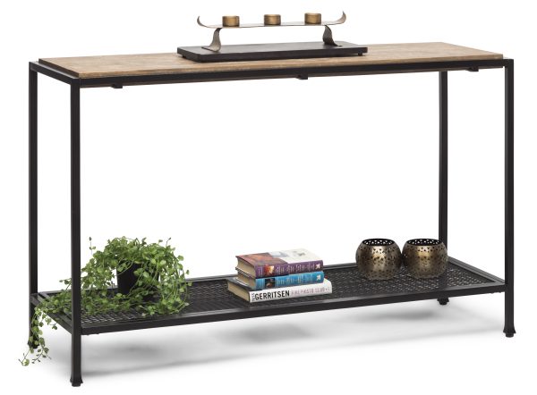 Black Iron Hallway Console Table with Distressed Wood Top