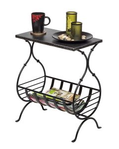 Wauconda Black Iron Side Table with Magazine Storage and Silver Finish Top