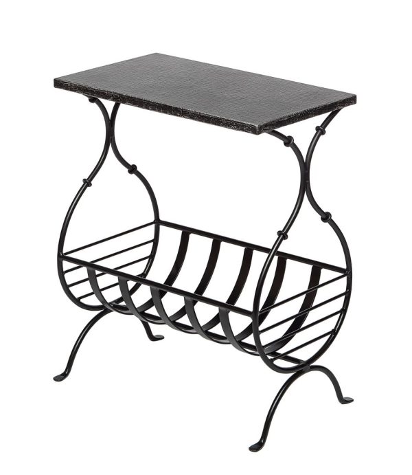 Wauconda Black Iron Side Table with Magazine Storage and Silver Finish Top