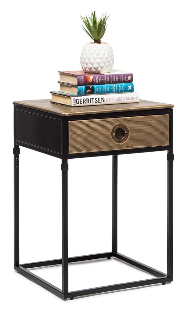 Dobbs Black Bedside Table with Storage Drawer and Gold Finished Textured Top