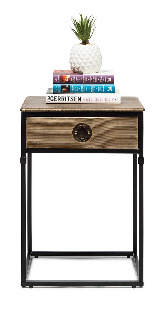 Dobbs Black Bedside Table with Storage Drawer and Gold Finished Textured Top