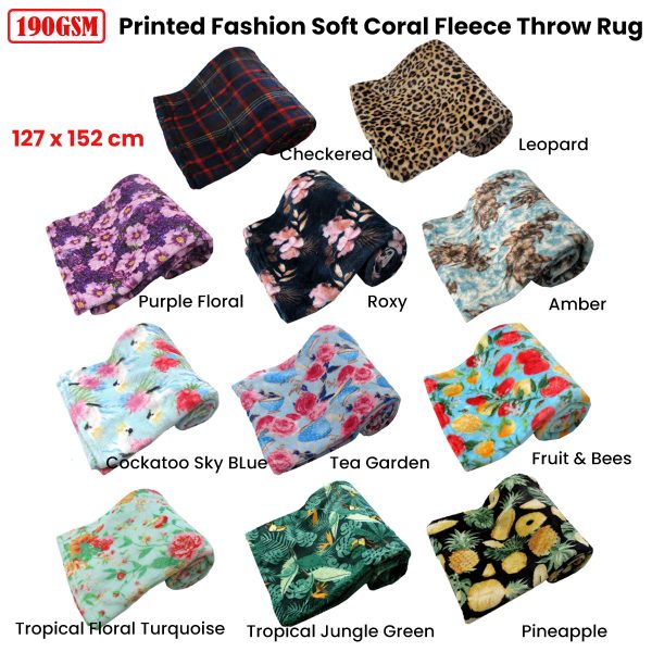 190GSM Fashion Printed Ultra Soft Coral Fleece Throw 127 x 152cm