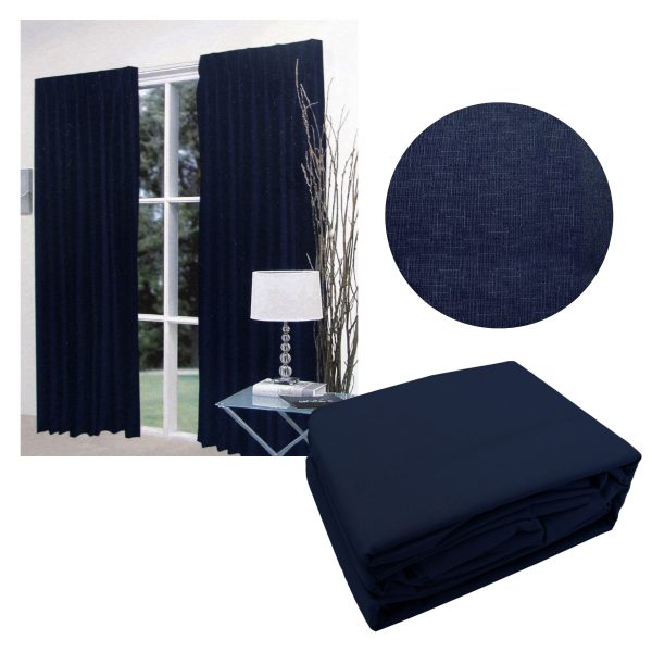 Pair of Faux Linen Blockout Pinch Pleat Curtains Navy to Fit 180 x 221cm