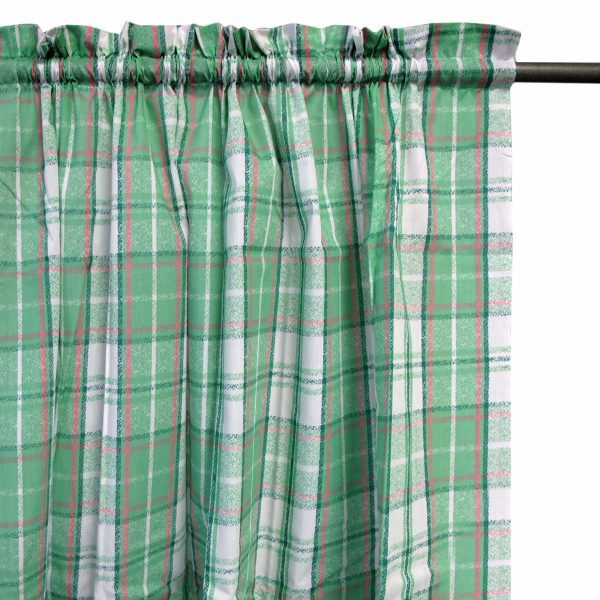 Pair of Polyester Cotton Rod Pocket Green Checkered Curtains