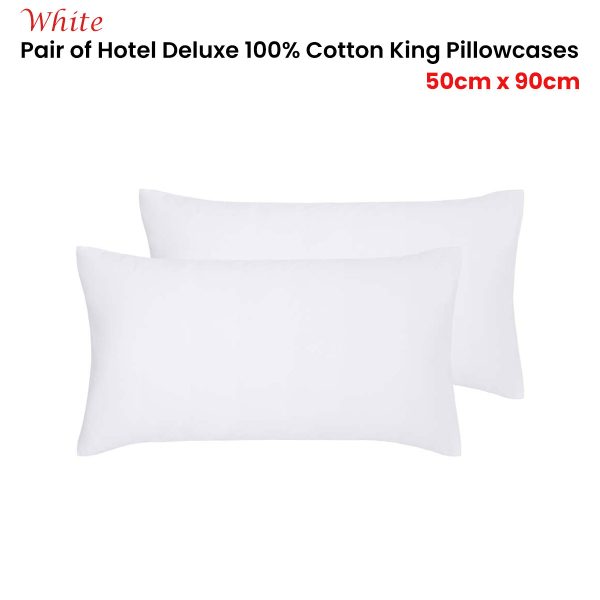 Pair of White Hotel Deluxe Cotton King Pillowcases 50cm x 90cm