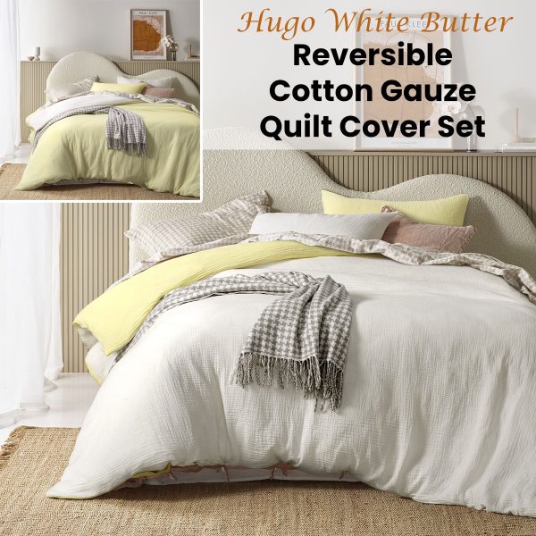 Hugo Reversible White Butter Cotton Gauze Quilt Cover Set Super King