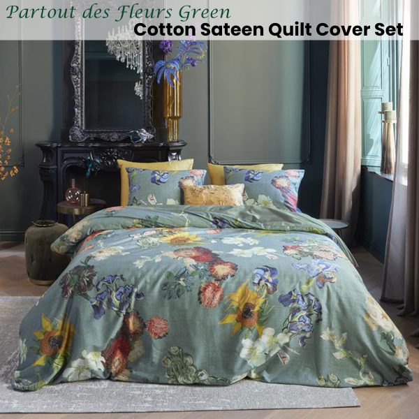 Van Gogh Partout des Fleurs Green Cotton Sateen Quilt Cover Set King