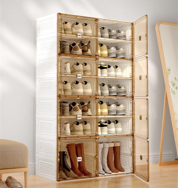 Cubes Storage Folding Shoe Cabinet With 2 Column & 7 Grids & 4 Brown Door