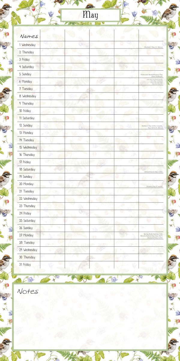 Birdsong Family Organiser – 2024 Square Wall Calendar 16 Months School Planner