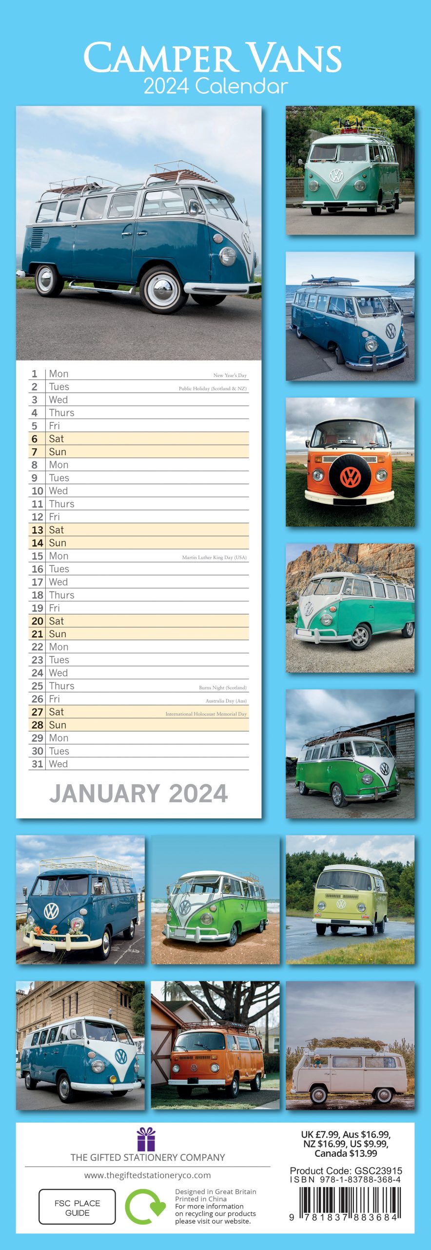 Camper Vans – 2024 Slimline Slim Wall Calendar Hanging Planner New Year Gift