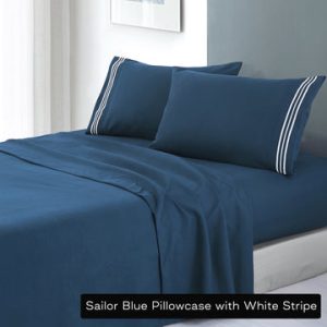 soft microfibre embroidered stripe sheet set king sailor blue pillowcase white stripe