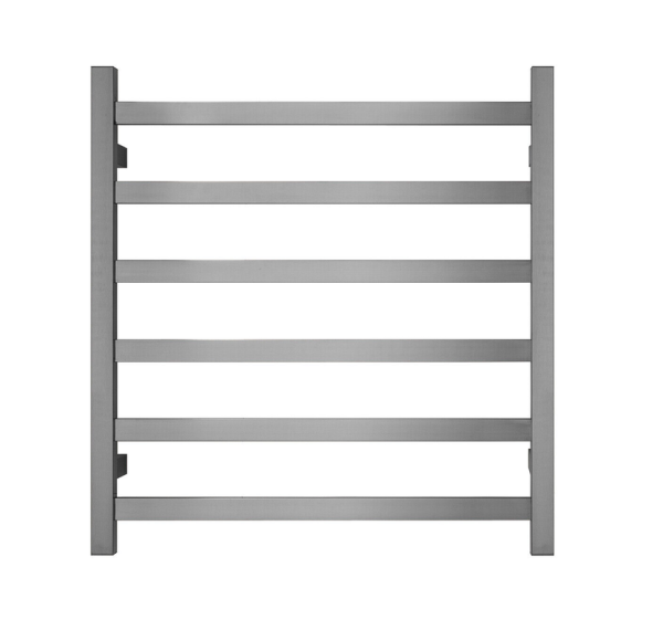 Premium Brushed Nickel Heated Towel Rack – 6 Bars, Square Design, AU Standard, 650x620mm Wide