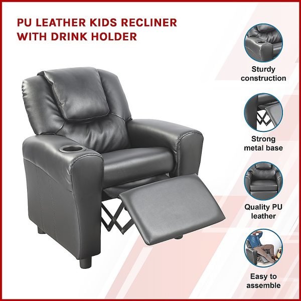 PU Leather Kids Recliner with Drink Holder. – Black