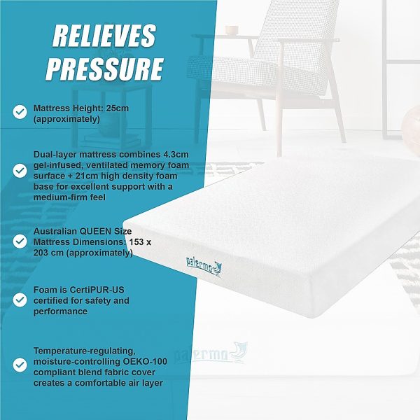 Auburn 25cm Gel Memory Foam Mattress – Dual-Layered – CertiPUR-US Certified – QUEEN