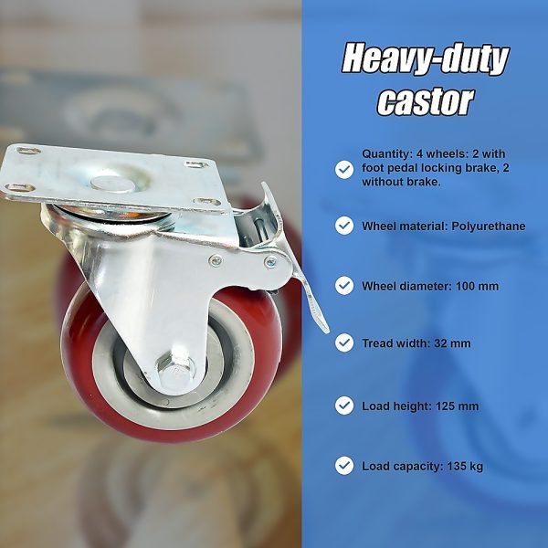 4 x 4″ Heavy Duty PU Swivel Castor Wheels With Brake