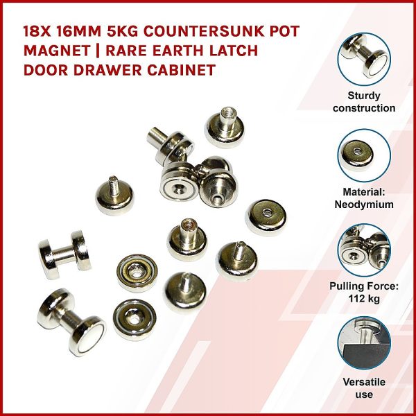 18x 16mm 5kg Countersunk Pot Magnet | Rare Earth Latch Door Drawer Cabinet