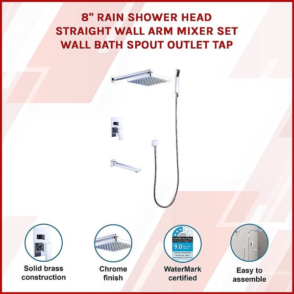 8″ Rain Shower Head Straight Wall Arm Mixer Set Wall Bath Spout Outlet Tap