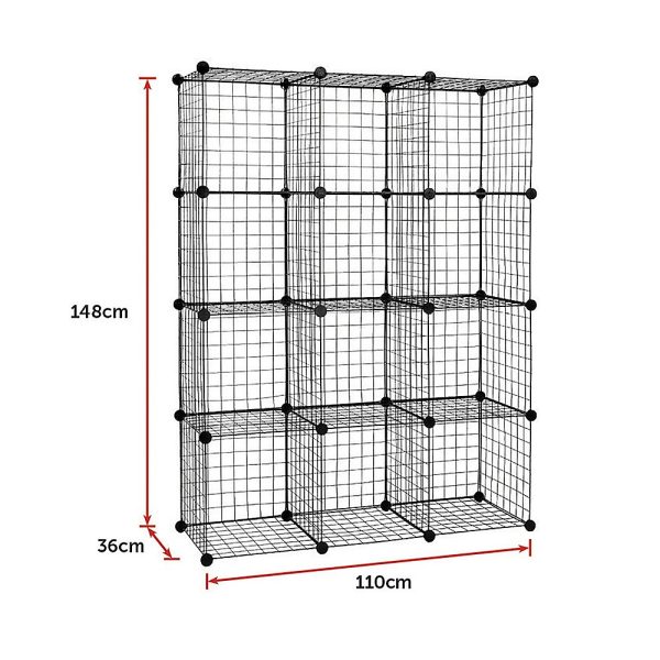 12 Cube Wire Grid Organiser Bookcase Storage Cabinet Wardrobe Closet – Black