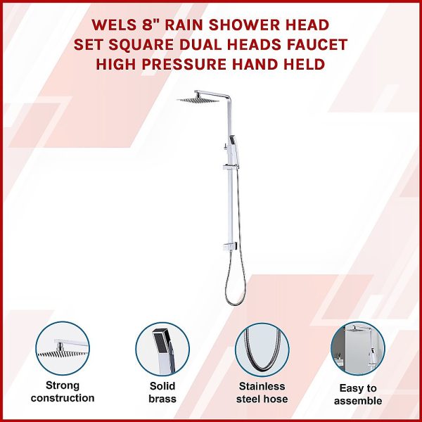 WELS 8″ Rain Shower Head Set Square Dual Heads Faucet High Pressure Hand Held. – Chrome