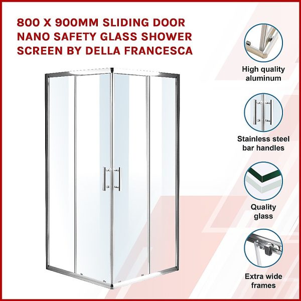 Sliding Door Nano Safety Glass Shower Screen By Della Francesca – 800 x 900 mm, Chrome