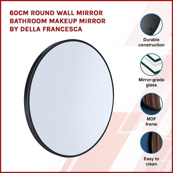 Round Wall Mirror Bathroom Makeup Mirror by Della Francesca – 60 cm, Black