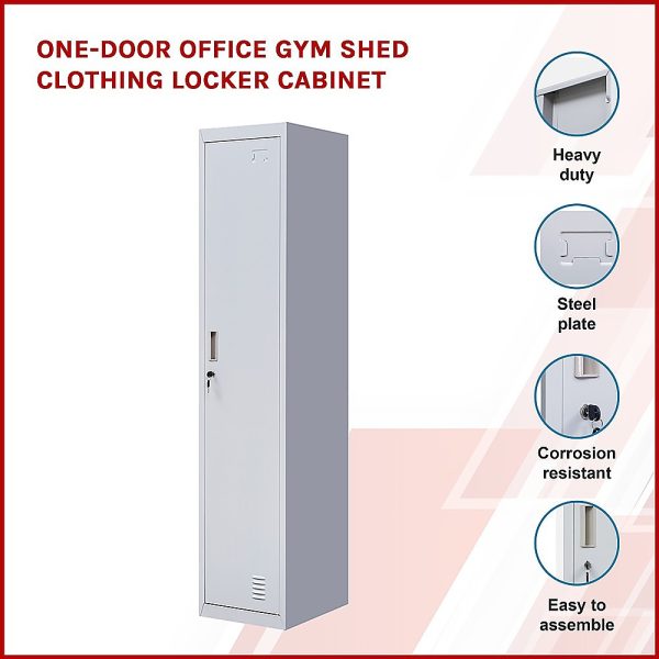 One-Door Office Gym Shed Clothing Locker Cabinet – Grey, Standard Lock