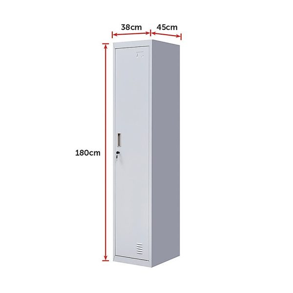 One-Door Office Gym Shed Clothing Locker Cabinet – Grey, Standard Lock