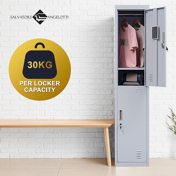 2-Door Vertical Locker for Office Gym Shed School Home Storage – Grey, Standard Lock