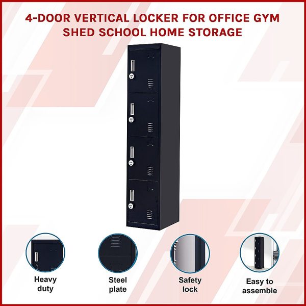 4 Door Locker for Office Gym – Black, Standard Lock