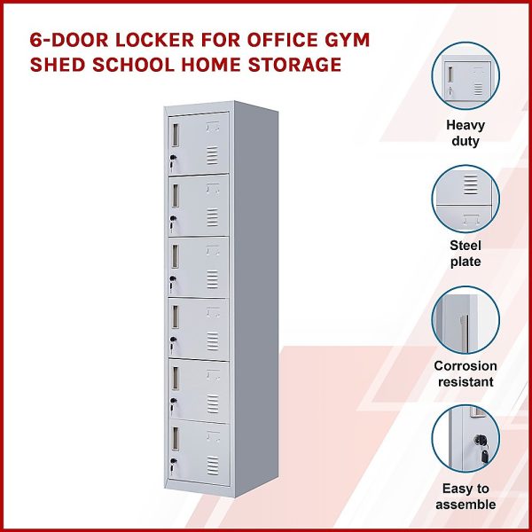 6-Door Locker for Office Gym Shed School Home Storage – Grey, Standard Lock