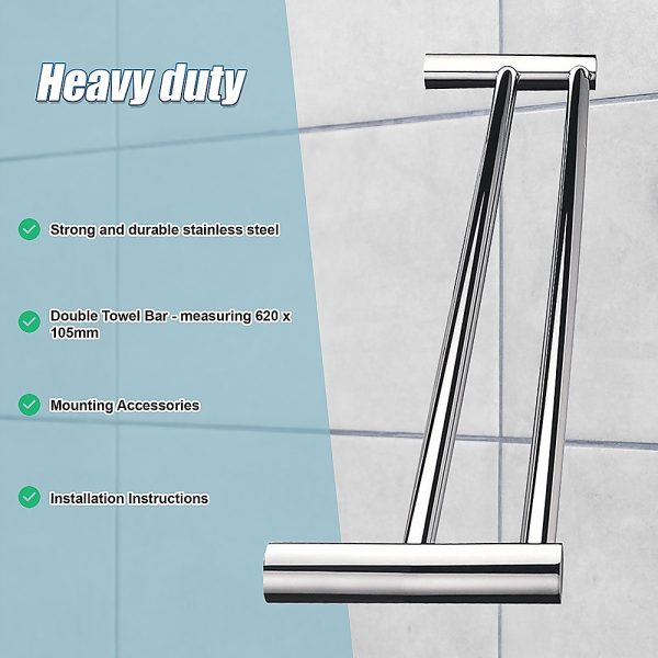 Double Towel Rail Grade 304 Stainless Steel 620mm