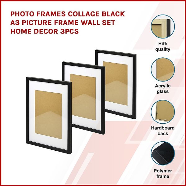 Photo Frames Collage Black A3 Picture Frame Wall Set Home Decor 3PCS