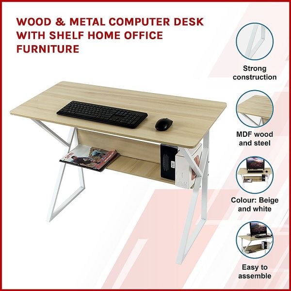 Wood & Metal Computer Desk with Shelf Home Office Furniture