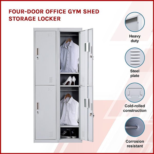 Four-Door Office Gym Shed Storage Locker, – Grey, Standard Lock