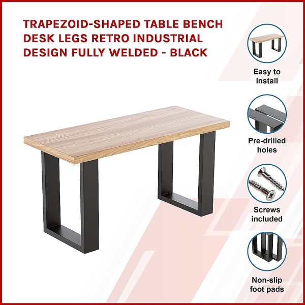 Trapezoid Shaped Table Bench Desk Legs Retro Industrial Design Fully Welded – Black