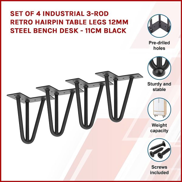 Set of 4 Industrial 3-Rod Retro Hairpin Table Legs 12mm Steel Bench Desk – 11 cm, Black