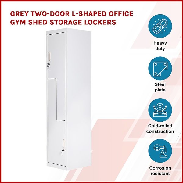 Two-Door L-shaped Office Gym Shed Storage Lockers – Grey, Standard Lock