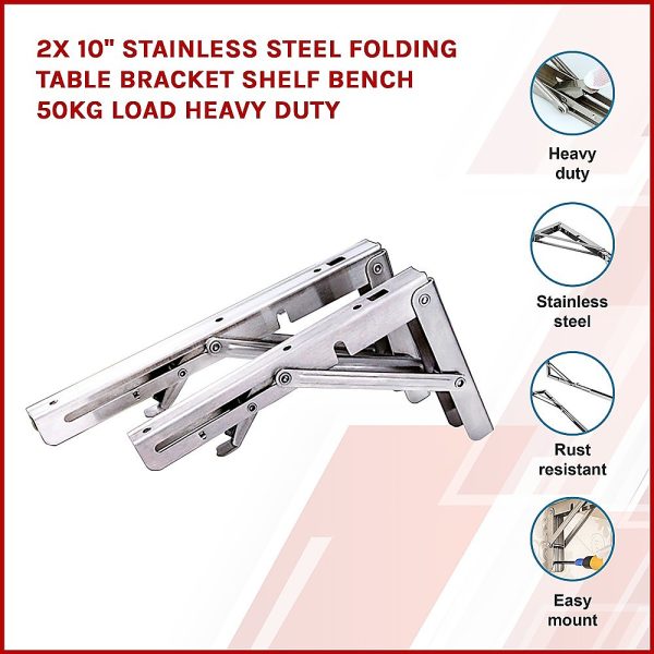 2 Stainless Steel Folding Table Bracket Shelf Bench 50kg Load Heavy Duty – 10 inch