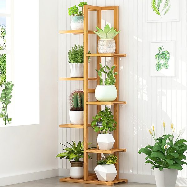 6 Tiers Vertical Bamboo Plant Stand Staged Flower Shelf Rack Outdoor Garden,