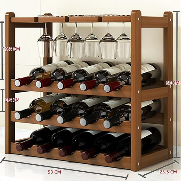 Wine Rack Free Standing 15 Bottles with 6 Glasses Holder Bamboo Wine Storage