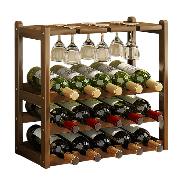 Wine Rack Free Standing 15 Bottles with 6 Glasses Holder Bamboo Wine Storage