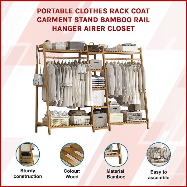 Portable Clothes Rack Coat Garment Stand Bamboo Rail Hanger Airer Closet. – Wooden