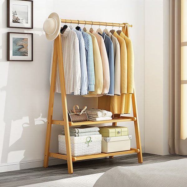 Portable Clothes Rack Coat Garment Stand Bamboo Rail Hanger Airer Closet..