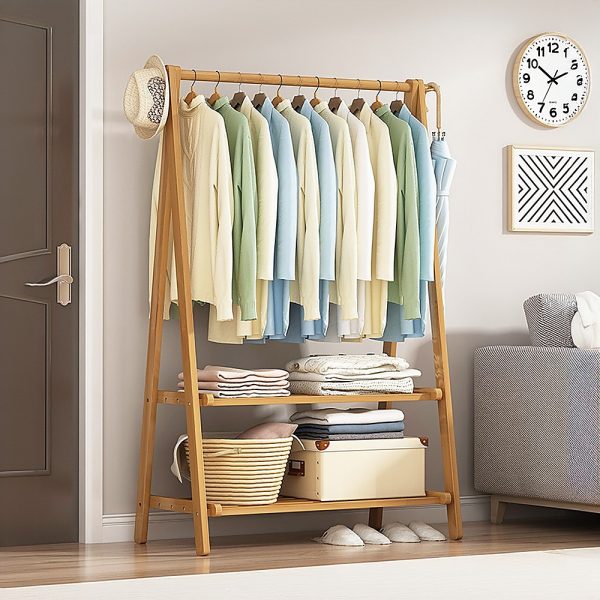 Portable Clothes Rack Coat Garment Stand Bamboo Rail Hanger Airer Closet.. – Wooden