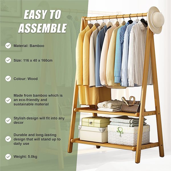 Portable Clothes Rack Coat Garment Stand Bamboo Rail Hanger Airer Closet.. – Wooden