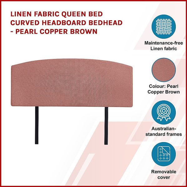 Linen Fabric Bed Curved Headboard Bedhead – QUEEN, Pearl Copper Brown